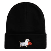 Trick Or Treat Puppy Embroidered 12" Long Knitted Beanie - Black OSFM