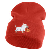 Trick Or Treat Puppy Embroidered 12" Long Knitted Beanie - Rust OSFM