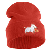 Trick Or Treat Puppy Embroidered 12" Long Knitted Beanie - Rust OSFM