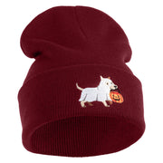 Trick Or Treat Puppy Embroidered 12" Long Knitted Beanie - Maroon OSFM