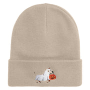 Trick Or Treat Puppy Embroidered 12" Long Knitted Beanie - Birch OSFM