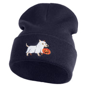 Trick Or Treat Puppy Embroidered 12" Long Knitted Beanie - Navy OSFM