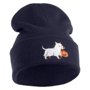 Trick Or Treat Puppy Embroidered 12" Long Knitted Beanie - Navy OSFM