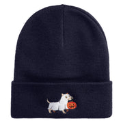 Trick Or Treat Puppy Embroidered 12" Long Knitted Beanie - Navy OSFM