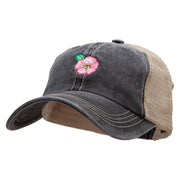 Pink Flower Embroidered Pigment Dyed Mesh Cap