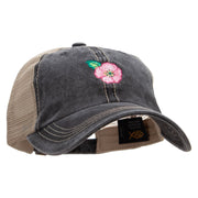 Pink Flower Embroidered Pigment Dyed Mesh Cap