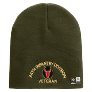 U.S. Army 34th Infantry Division Symbol Embroidered 8 Inch Solid Knit Short Beanie Made in USA - Olive OSFM