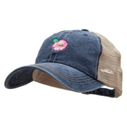 Pink Flower Embroidered Pigment Dyed Mesh Cap