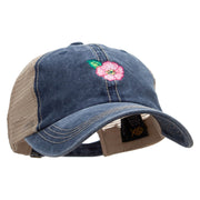 Pink Flower Embroidered Pigment Dyed Mesh Cap