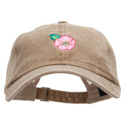 Pink Flower Embroidered Pigment Dyed Mesh Cap