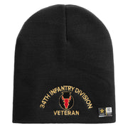 U.S. Army 34th Infantry Division Symbol Embroidered 8 Inch Solid Knit Short Beanie Made in USA - Black OSFM
