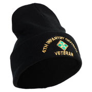 U.S. Army 4th Infantry Division Logo Embroidered 12 Inch Solid Knit Cuff Long Beanie Made in USA - Black OSFM
