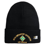 U.S. Army 4th Infantry Division Logo Embroidered 12 Inch Solid Knit Cuff Long Beanie Made in USA - Black OSFM