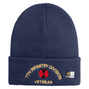 U.S. Army 7th Infantry Division Logo Embroidered 12 Inch Solid Knit Cuff Long Beanie Made in USA - Navy OSFM