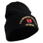 U.S. Army 7th Infantry Division Logo Embroidered 12 Inch Solid Knit Cuff Long Beanie Made in USA - Black OSFM