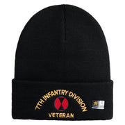 U.S. Army 7th Infantry Division Logo Embroidered 12 Inch Solid Knit Cuff Long Beanie Made in USA - Black OSFM