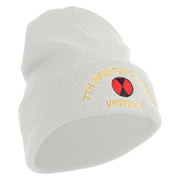 U.S. Army 7th Infantry Division Logo Embroidered 12 Inch Solid Knit Cuff Long Beanie Made in USA - White OSFM