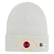 U.S. Army 7th Infantry Division Logo Embroidered 12 Inch Solid Knit Cuff Long Beanie Made in USA - White OSFM