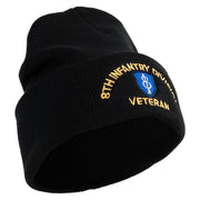 U.S. Army 8th Infantry Division Logo Embroidered 12 Inch Solid Knit Cuff Long Beanie Made in USA - Black OSFM