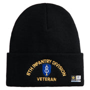 U.S. Army 8th Infantry Division Logo Embroidered 12 Inch Solid Knit Cuff Long Beanie Made in USA - Black OSFM