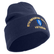 U.S. Army 8th Infantry Division Logo Embroidered 12 Inch Solid Knit Cuff Long Beanie Made in USA - Navy OSFM