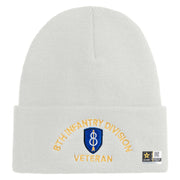 U.S. Army 8th Infantry Division Logo Embroidered 12 Inch Solid Knit Cuff Long Beanie Made in USA - White OSFM