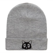 Mystical Black Cat Outline Embroidered Knitted Long Beanie