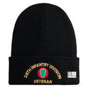 U.S. Army 24th Infantry Division Logo Embroidered 12 Inch Solid Knit Cuff Long Beanie Made in USA - Black OSFM