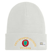 U.S. Army 24th Infantry Division Logo Embroidered 12 Inch Solid Knit Cuff Long Beanie Made in USA - White OSFM