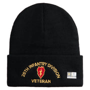 U.S. Army 25th Infantry Division Logo Embroidered 12 Inch Solid Knit Cuff Long Beanie Made in USA - Black OSFM