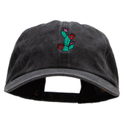 Flowery Cactus Embroidered Unstructured Pigment Dyed Cotton Cap - Black OSFM