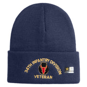 U.S. Army 34th Infantry Division Logo Embroidered 12 Inch Solid Knit Cuff Long Beanie Made in USA - Navy OSFM