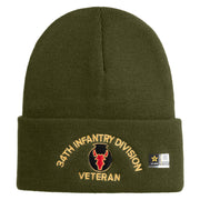 U.S. Army 34th Infantry Division Logo Embroidered 12 Inch Solid Knit Cuff Long Beanie Made in USA - Olive OSFM