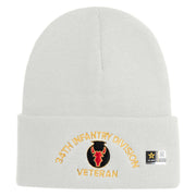 U.S. Army 34th Infantry Division Logo Embroidered 12 Inch Solid Knit Cuff Long Beanie Made in USA - White OSFM