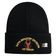 U.S. Army 34th Infantry Division Logo Embroidered 12 Inch Solid Knit Cuff Long Beanie Made in USA - Black OSFM