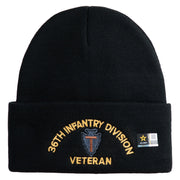 U.S. Army 36th Infantry Division Logo Embroidered 12 Inch Solid Knit Cuff Long Beanie Made in USA - Black OSFM
