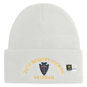 U.S. Army 36th Infantry Division Logo Embroidered 12 Inch Solid Knit Cuff Long Beanie Made in USA - White OSFM