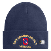 U.S. Army 39th Infantry Brigade Logo Embroidered 12 Inch Solid Knit Cuff Long Beanie Made in USA - Navy OSFM
