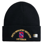 U.S. Army 39th Infantry Brigade Logo Embroidered 12 Inch Solid Knit Cuff Long Beanie Made in USA - Black OSFM