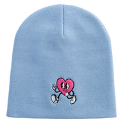 Happy Heart Character Embroidered 8 inch Acrylic Short Beanie - Lt-Blue OSFM