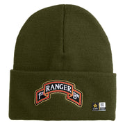 U.S. Army 1st Ranger Battalion Logo Embroidered 12 Inch Solid Knit Cuff Long Beanie Made in USA - Olive OSFM