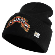 U.S. Army 3rd Ranger Battalion Logo Embroidered 12 Inch Solid Knit Cuff Long Beanie Made in USA - Black OSFM