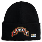 U.S. Army 3rd Ranger Battalion Logo Embroidered 12 Inch Solid Knit Cuff Long Beanie Made in USA - Black OSFM