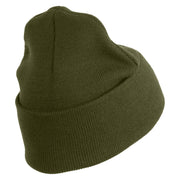 U.S. Army Paratrooper and Ranger Badge Logo Embroidered 12 Inch Solid Knit Cuff Long Beanie Made in USA - Olive OSFM