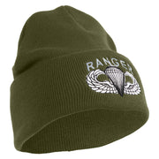 U.S. Army Paratrooper and Ranger Badge Logo Embroidered 12 Inch Solid Knit Cuff Long Beanie Made in USA - Olive OSFM