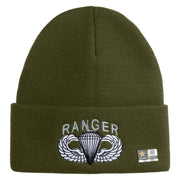 U.S. Army Paratrooper and Ranger Badge Logo Embroidered 12 Inch Solid Knit Cuff Long Beanie Made in USA - Olive OSFM