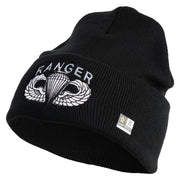 U.S. Army Paratrooper and Ranger Badge Logo Embroidered 12 Inch Solid Knit Cuff Long Beanie Made in USA - Black OSFM