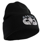 U.S. Army Paratrooper and Ranger Badge Logo Embroidered 12 Inch Solid Knit Cuff Long Beanie Made in USA - Black OSFM