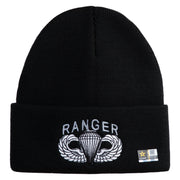 U.S. Army Paratrooper and Ranger Badge Logo Embroidered 12 Inch Solid Knit Cuff Long Beanie Made in USA - Black OSFM