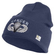 U.S. Army Paratrooper and Ranger Badge Logo Embroidered 12 Inch Solid Knit Cuff Long Beanie Made in USA - Navy OSFM